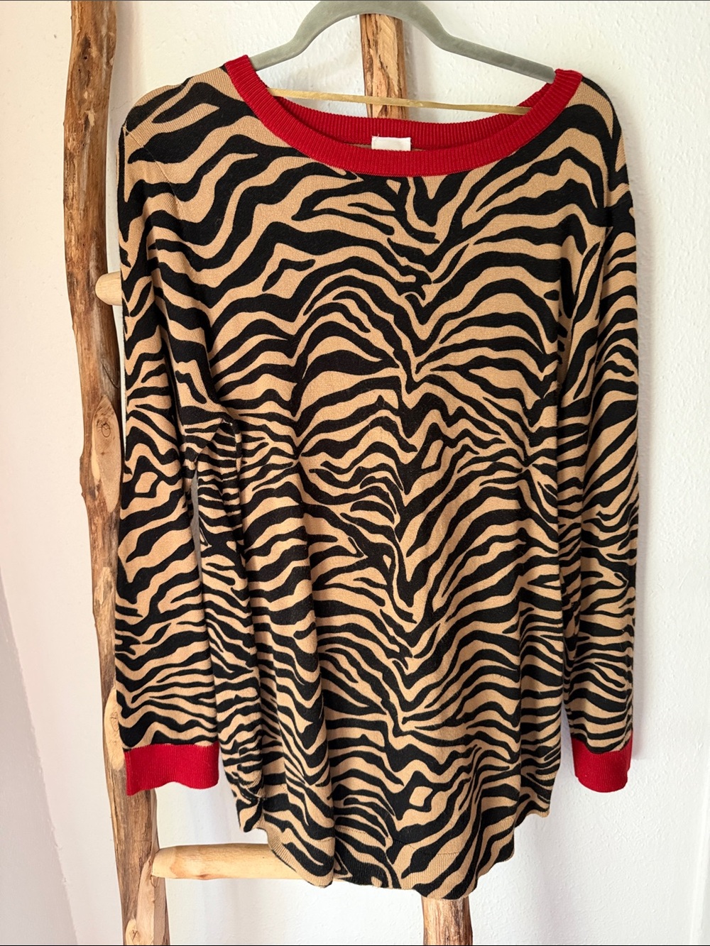 Cupio Zebra Tiger Print Lightweight Sweater in Tan, Black & Red Trim XXL